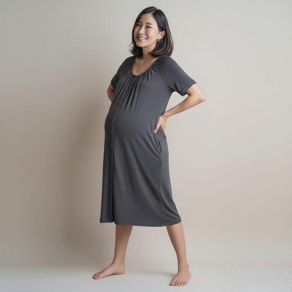 Seraphine Maternity Gray Button Front Midi Dress XL Soft Viscose